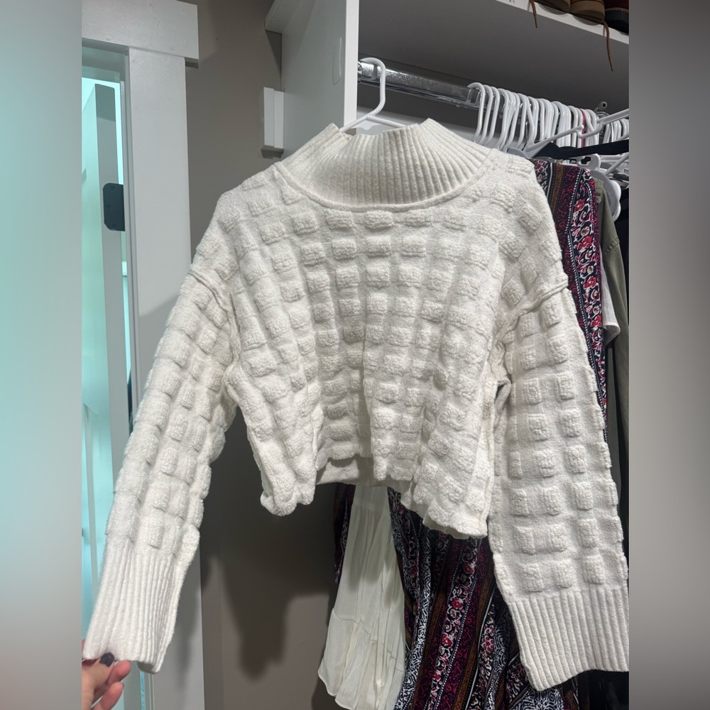 Free People Cream Textured Cowl Sweater